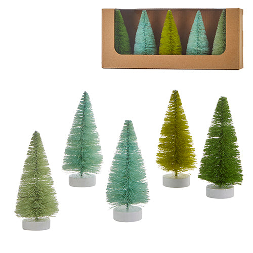 Set of five 4-inch green bottle brush trees in various shades with white bases and display box.