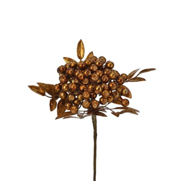 12-inch metallic copper glitter berry cluster stem with small leaves on a brown branch.