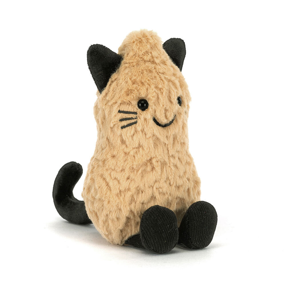 Amuseables Peanut Cat plush toy with tan textured fur, black ears, tail, feet, and a stitched smile.