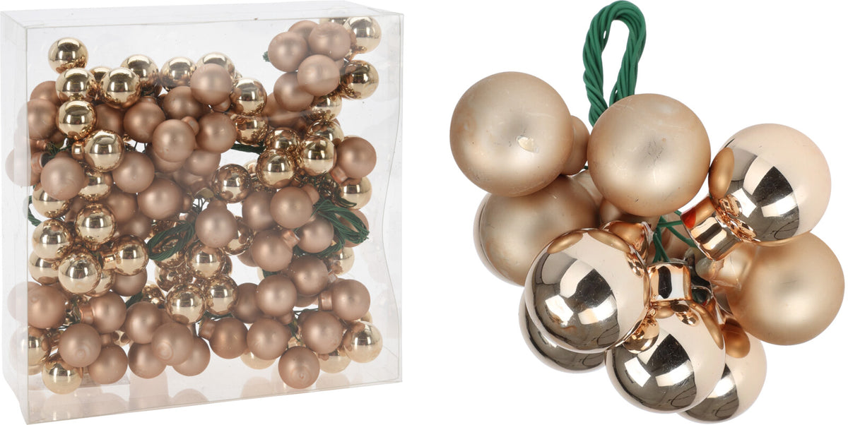 Mini champagne gold Christmas ball ornaments on green wire, shown in a box and as a single cluster.