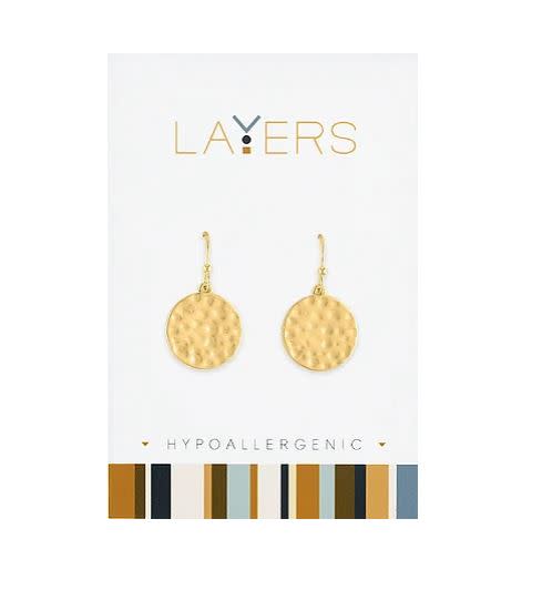 Gold Hammered Dangle Layers Earrings on a white hypoallergenic display card.