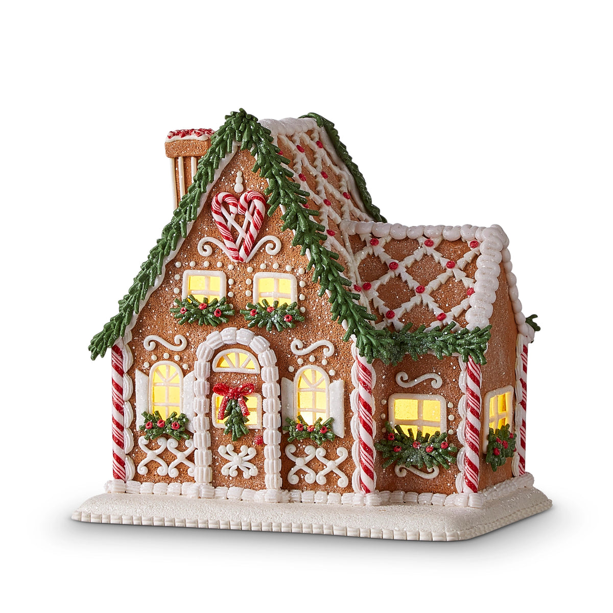 8.75-inch lighted clay dough gingerbread house with chimney, candy cane accents, and warm glow.