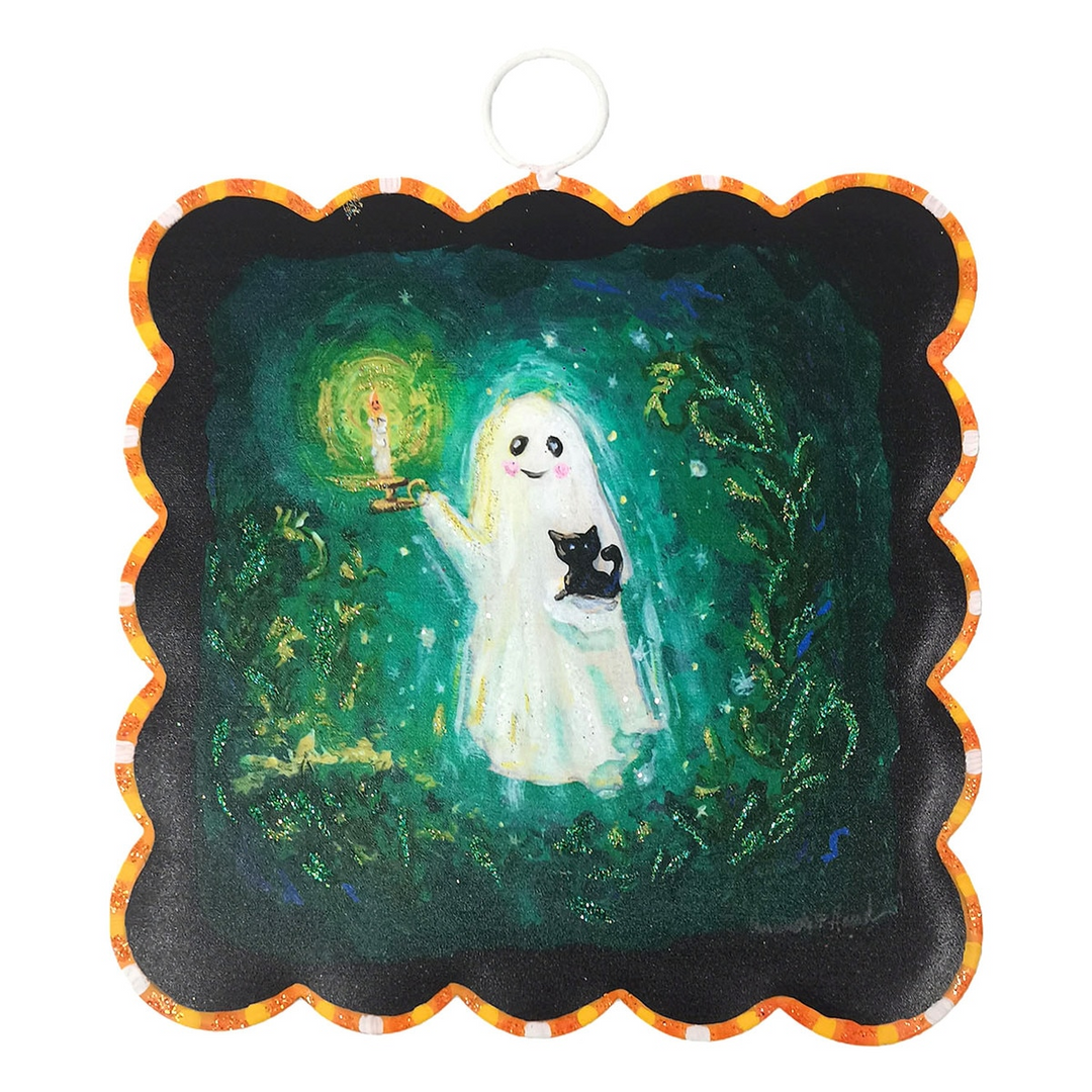 Mini scallop-edged wall art featuring a friendly ghost holding a black kitten and a candle.