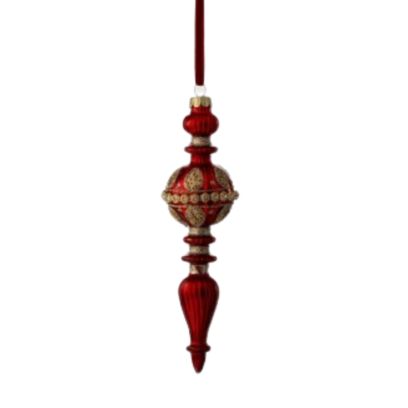 Red glass mercury jewel finial ornament with gold glitter accents and a hanging ribbon.