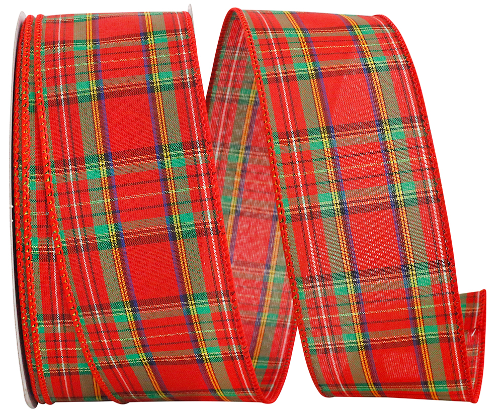 Red, green, and yellow plaid wired edge ribbon on a spool.