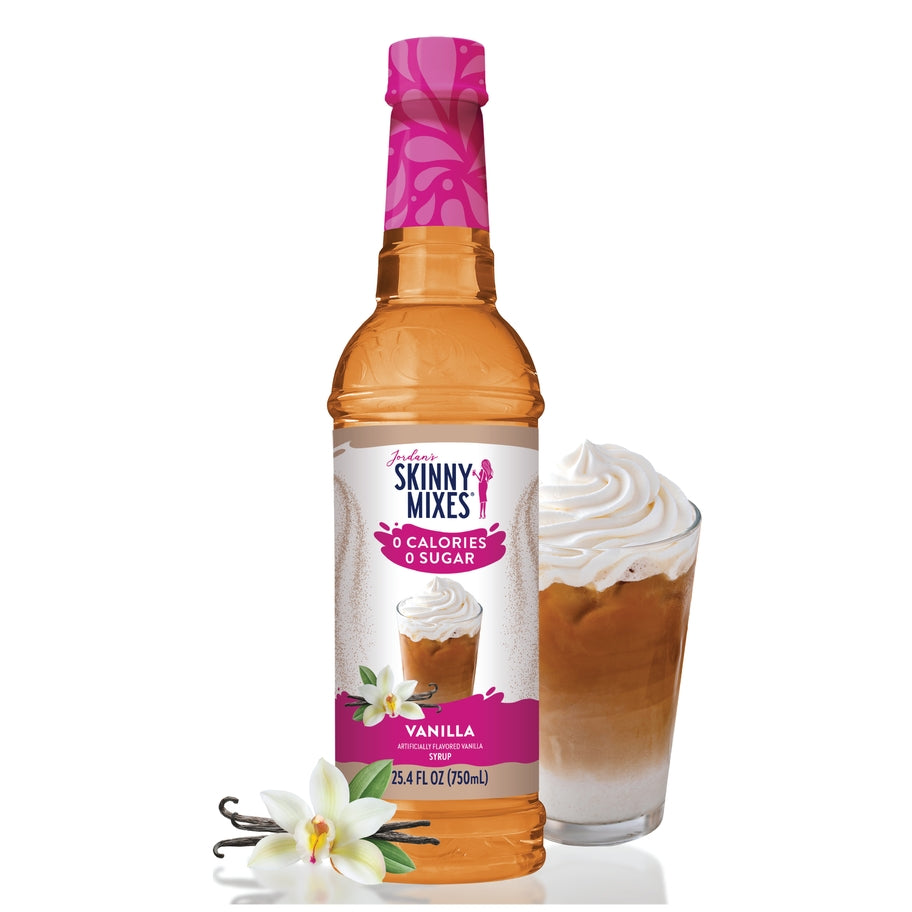 Bottle of sugar-free vanilla almond syrup with a white label.