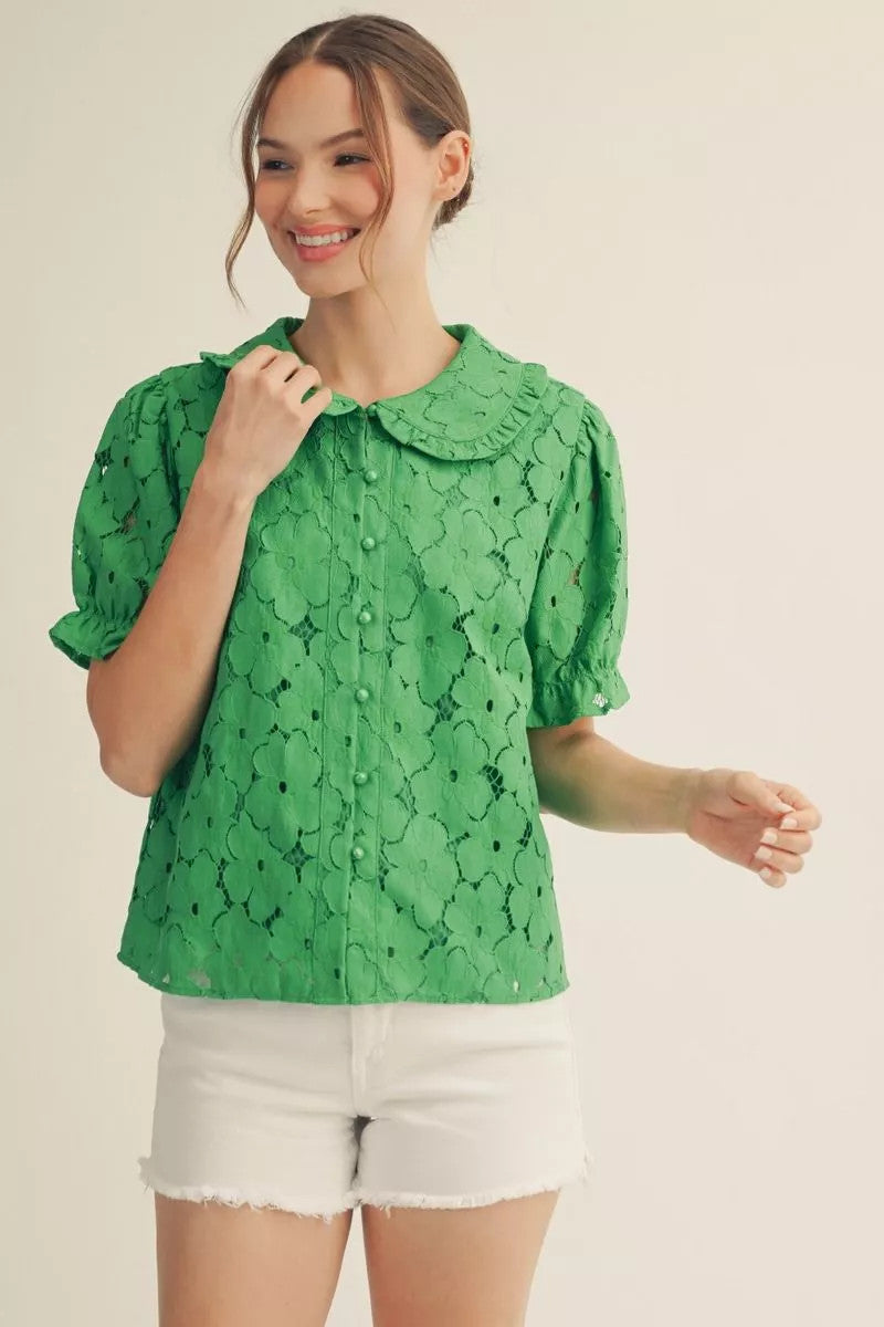 Layla Short Sleeves Button Down 3D Lace Top