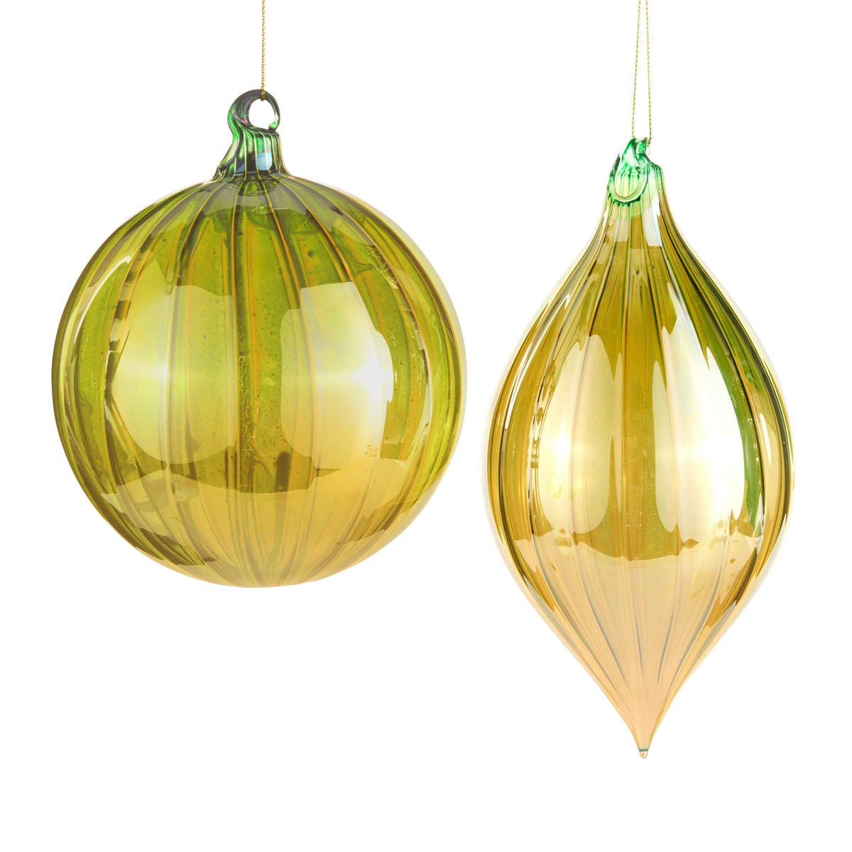 Two green pearlized glass ornaments, one round and one drop-shaped, with vertical ribbed textures.