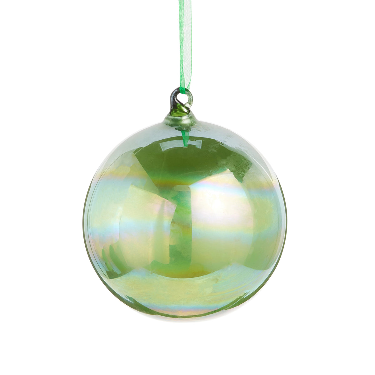 Green iridescent glass ball ornament hanging from a thin green ribbon.