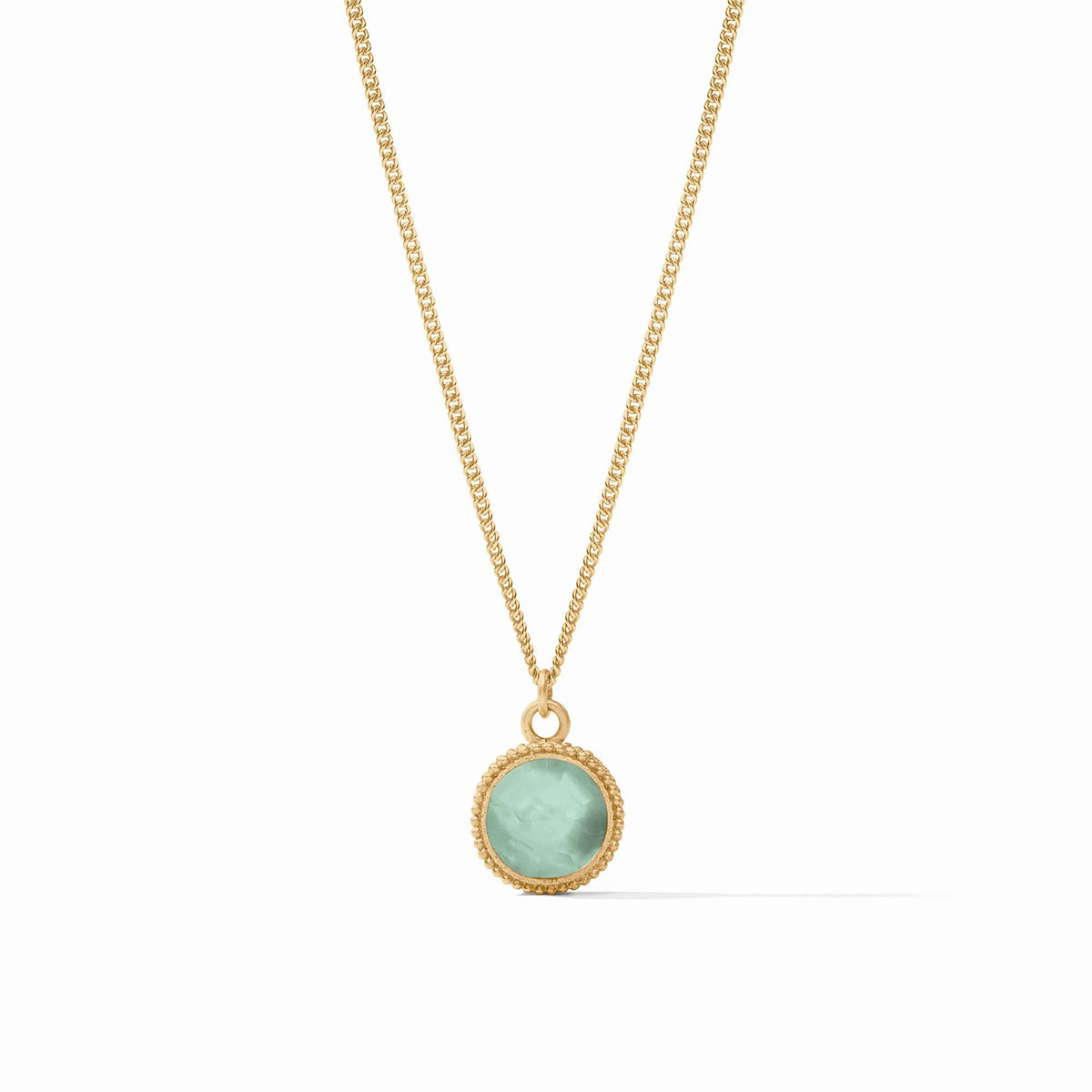 Fleur-De-Lis Solitaire Necklace in 24K gold plate with a round light green glass pendant.