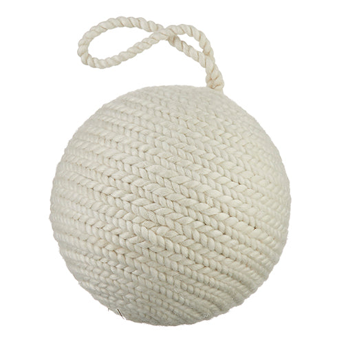 6 inch white knit ball ornament made of foam and polyester with a rope hanging loop.