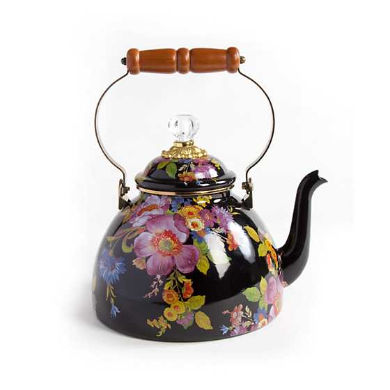 3 Quart Black Flower Market Tea Kettle with floral decals, wood handle, and glass-topped lid.