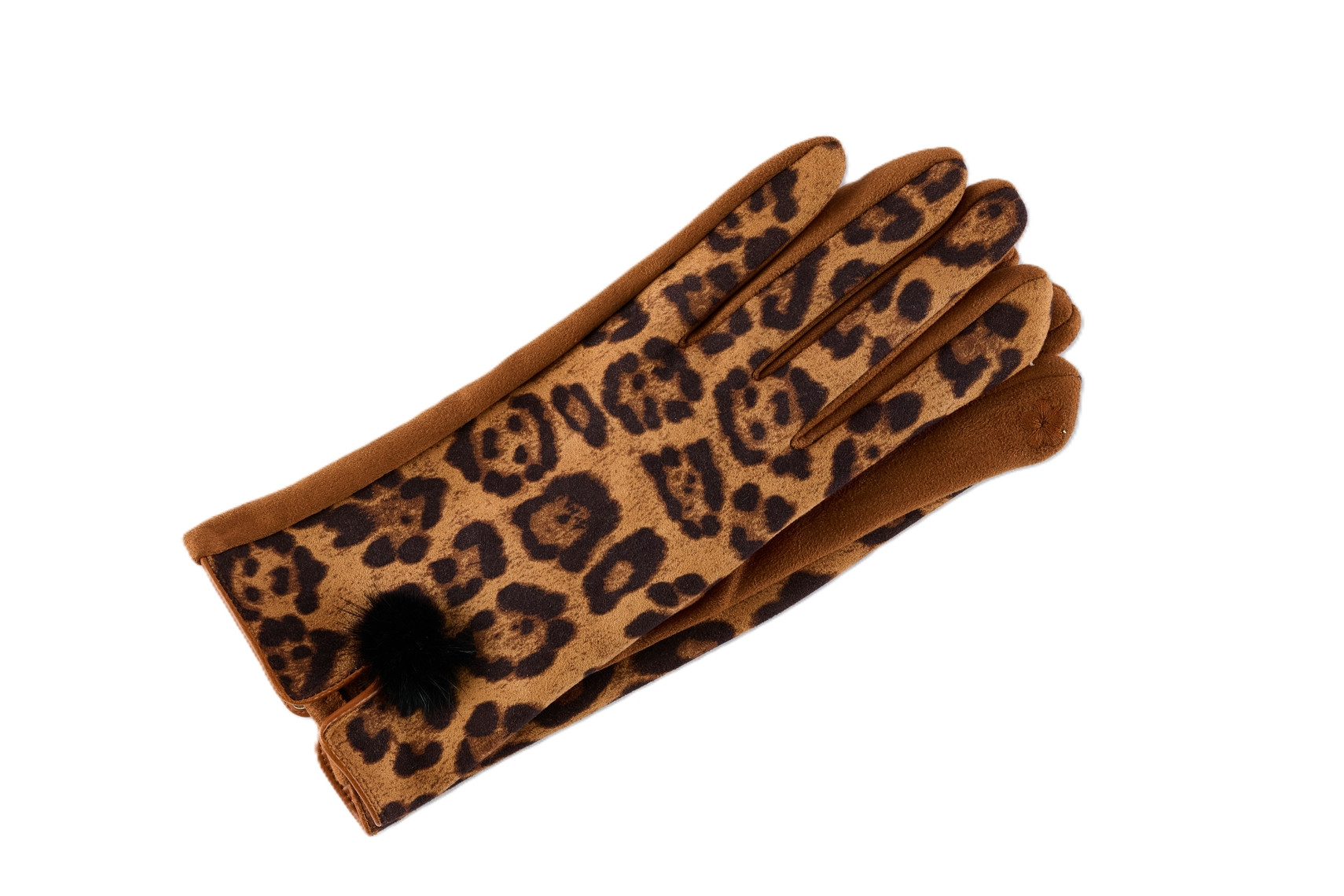 Leopard print fleece-lined gloves with a black fur ball accent on the wrist.