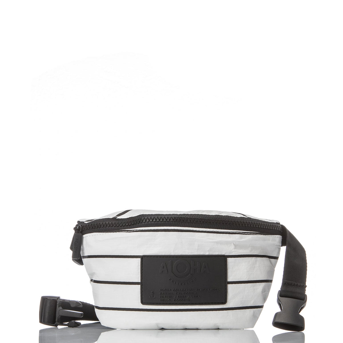 White pinstripe mini hip pack with zipper pocket and adjustable strap