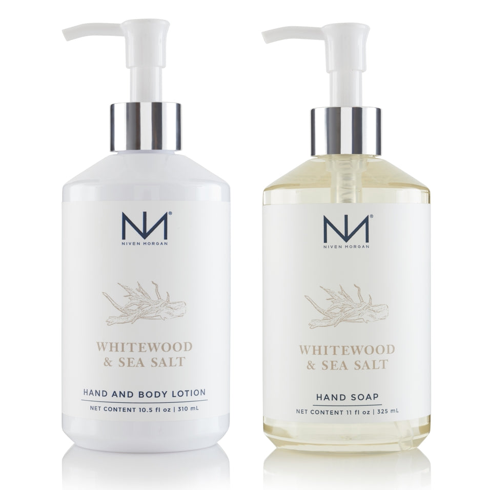 White organza drawstring bag containing whitewood soap and sea salt lotion set.