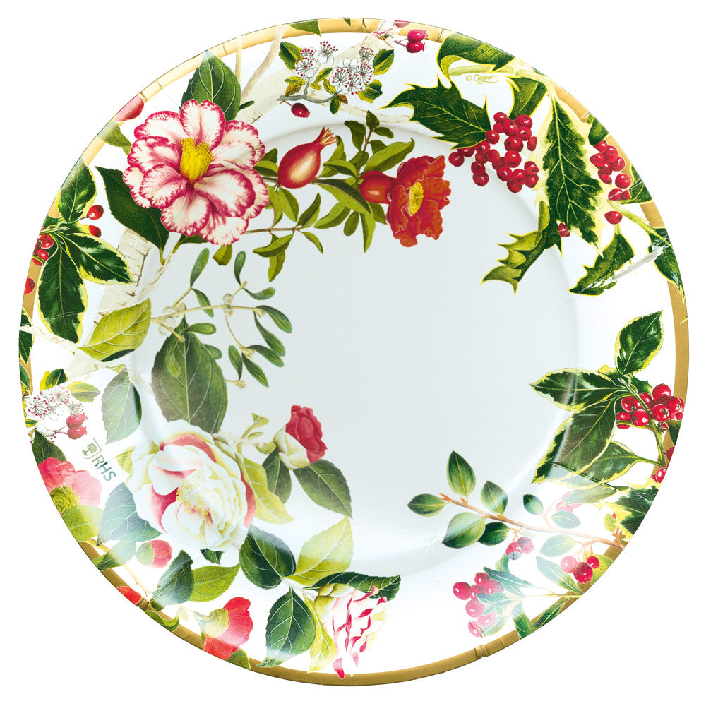 Round Christmas Chinoiserie paper dinner plate with floral, holly, and berry botanical designs.