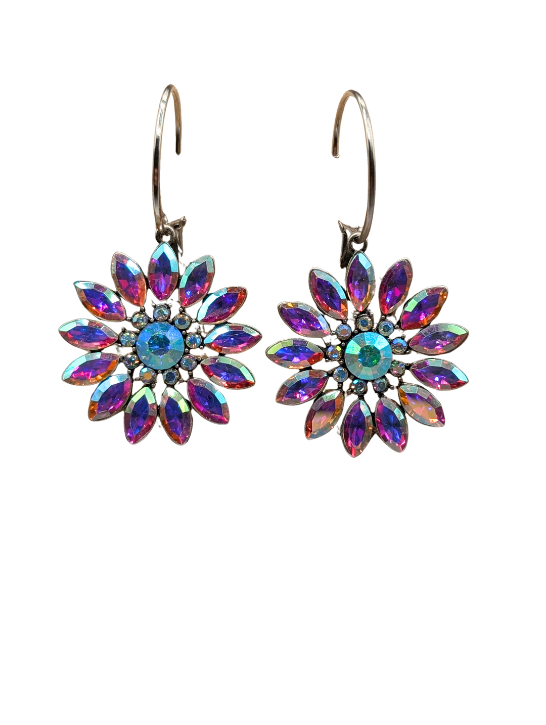 Alice Crystal Flower Earrings with iridescent purple and blue petals on silver-tone hooks.