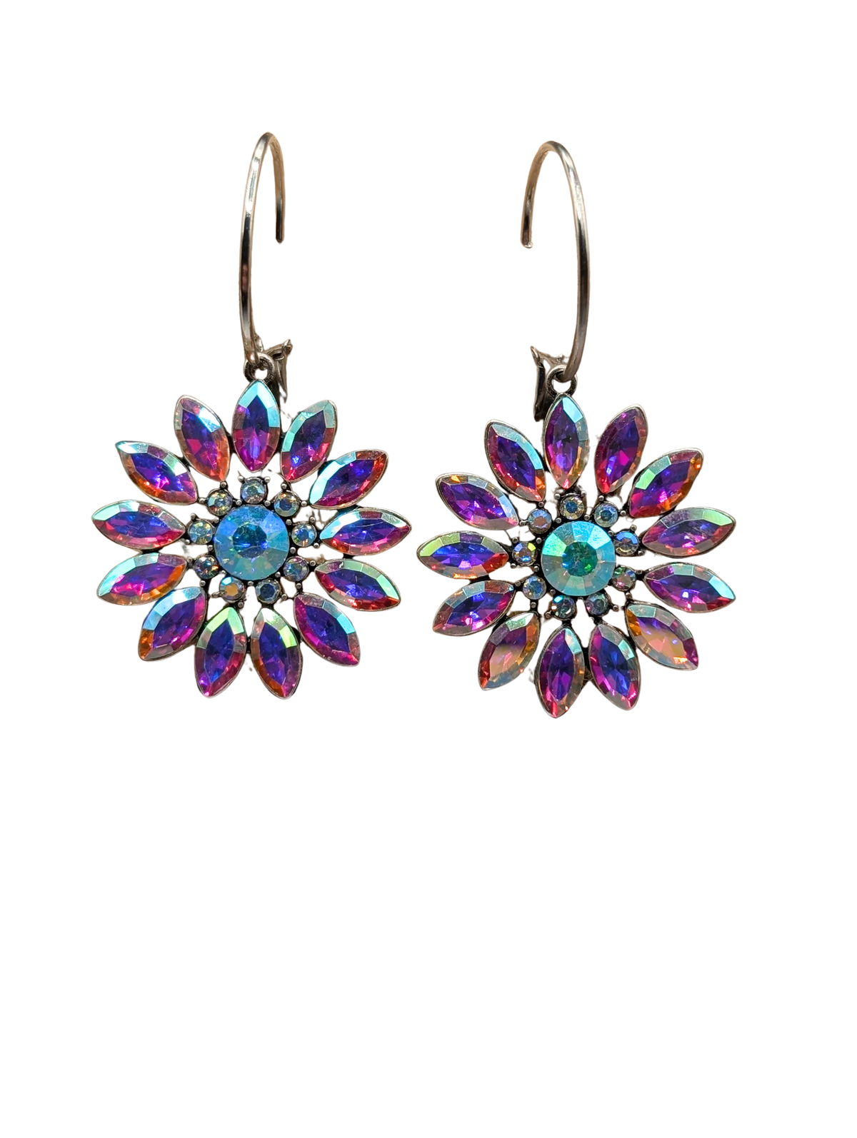 Alice Crystal Flower Earrings with iridescent purple and blue petals on silver-tone hooks.