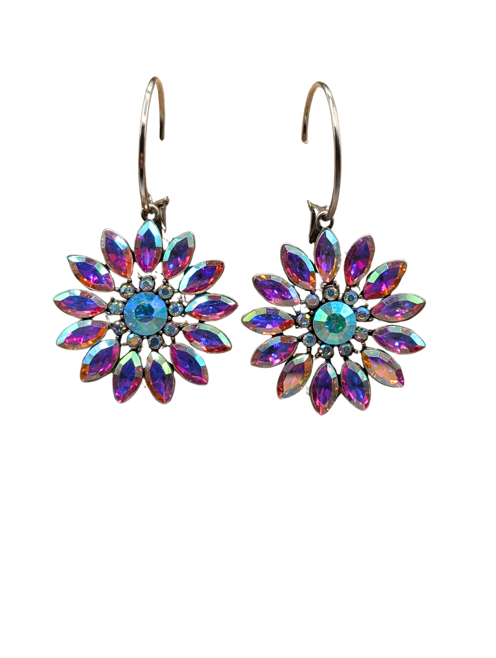 Alice Crystal Flower Earrings with iridescent purple and blue petals on silver-tone hooks.