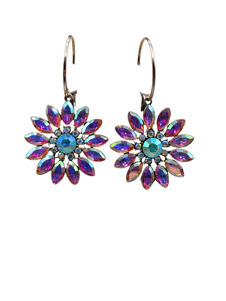 Alice Crystal Flower Earrings with iridescent purple and blue petals on silver-tone hooks.