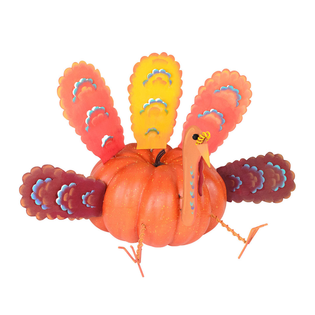 Traditional large turkey parts pumpkin decoration in natural wood finish with matte texture.
