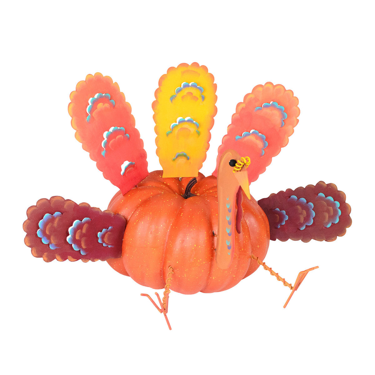 Traditional large turkey parts pumpkin decoration in natural wood finish with matte texture.
