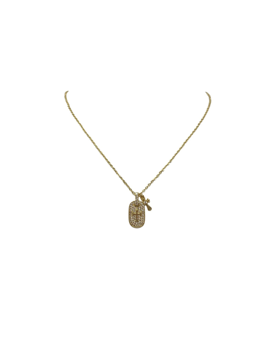 Gold CZ double pave pendant featuring a classic cross on a dog tag and a mini cross charm.