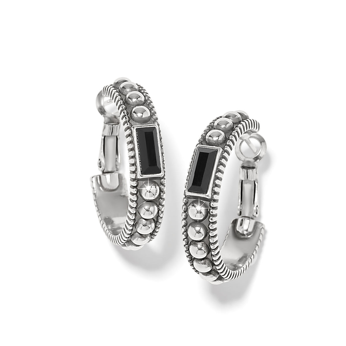Silver-plated hoop earrings with black fine crystals on a post lever back.