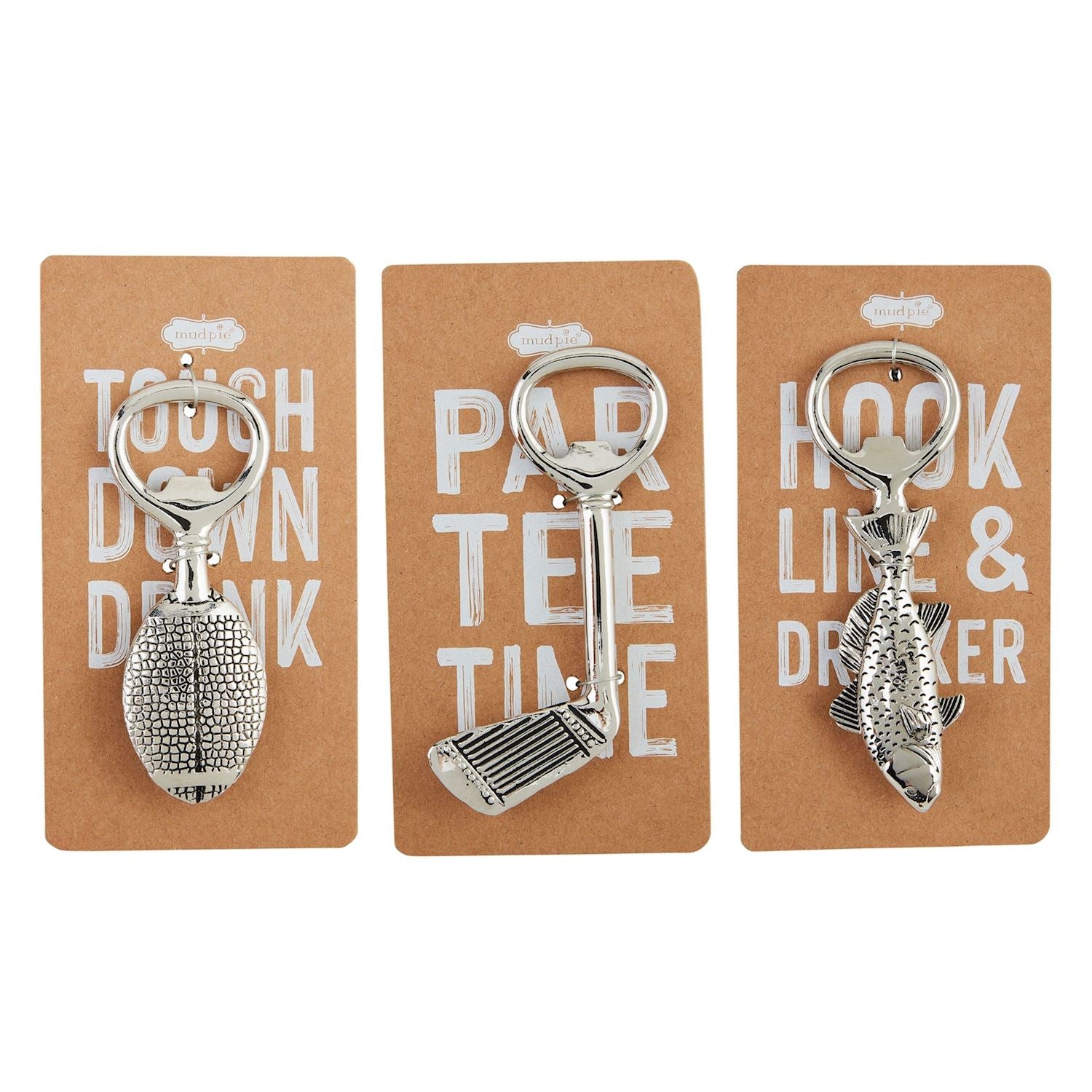 Three silver metal hobby bottle openers shaped like a football, golf club, and fish on card backing.