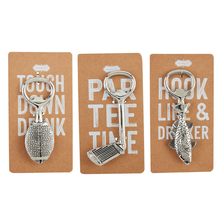 Three silver metal hobby bottle openers shaped like a football, golf club, and fish on card backing.