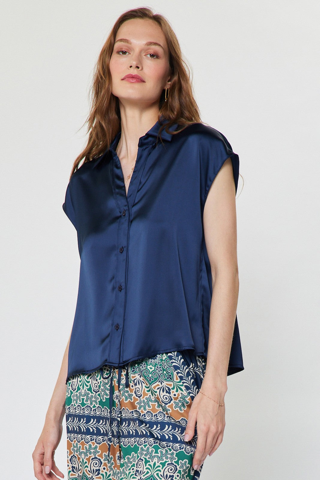Women's Eliza cap sleeve button-down blouse in white polyester satin with a classic collar and relaxed fit.