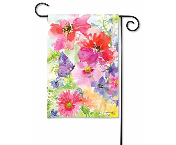 Garden flag with a watercolor painting of pink and red flowers and a purple butterfly.