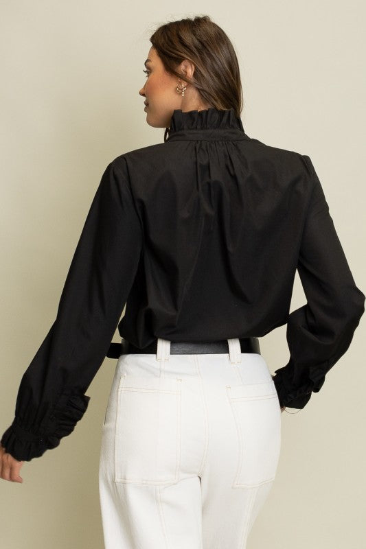 Women's Freya ruffled button-up blouse in light blue with relaxed fit silhouette