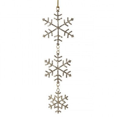 10-inch hanging ornament featuring three connected silver-toned jewel-encrusted snowflake designs.