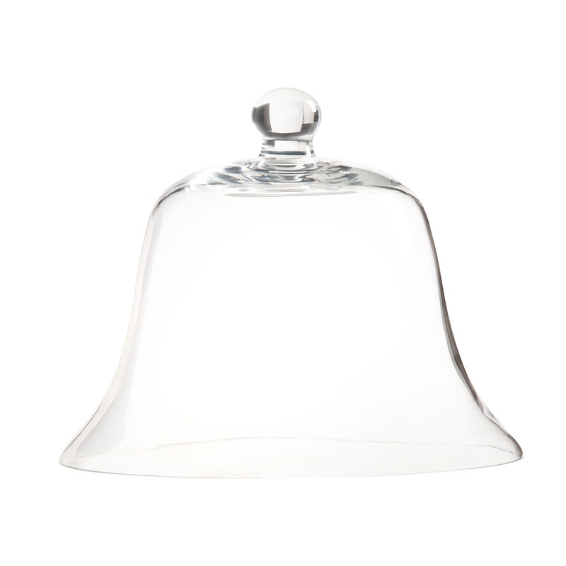 Medium glass bell jar garden cloche with a round top handle and flared base.