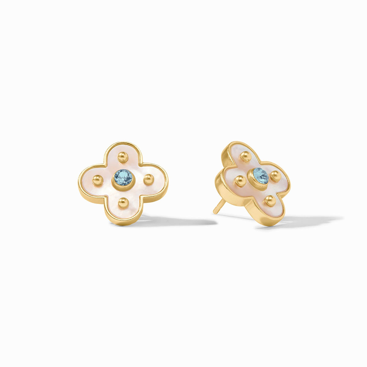 Colette Stud earrings featuring a mother-of-pearl center with 24K gold plate and cubic zirconia accents.