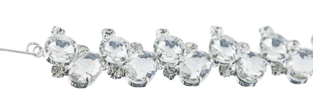 Close-up of a 36-inch clear crystal chain with silver-tone metal settings and hooks.