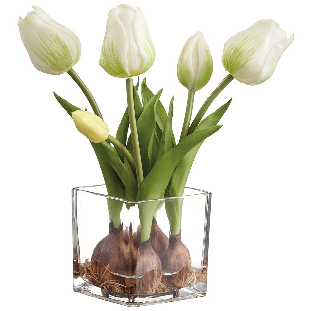 White artificial tulips with green leaves and brown bulbs in a square clear glass vase.