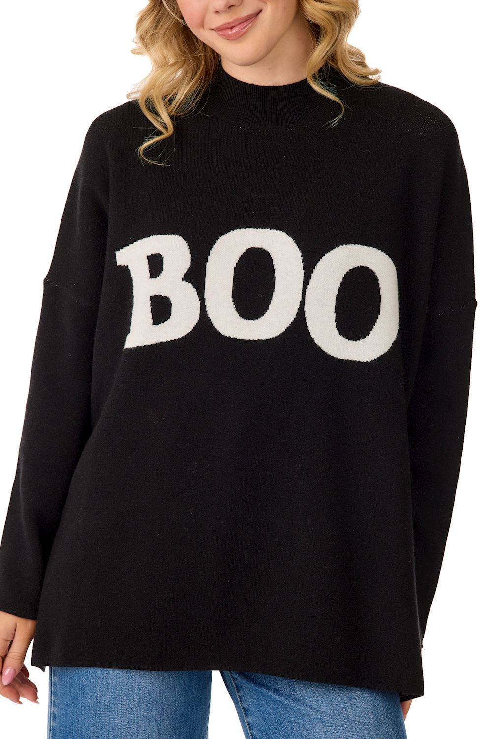 Black jacquard knit sweater with a white 'BOO' graphic, ribbed mock neck, and side slit hem.