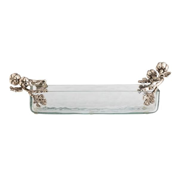 Long rectangular glass cracker dish with silver cast aluminum pumpkin and leaf handles.