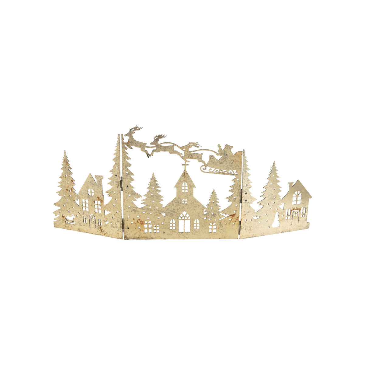 Pewter iron folding mantle scene featuring a church, houses, trees, and Santa in his sleigh.