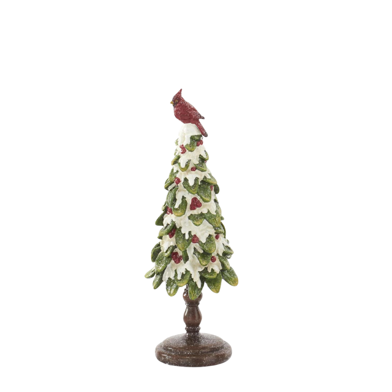 Glittered resin snow-covered holly tree with red berries and a cardinal bird on top.
