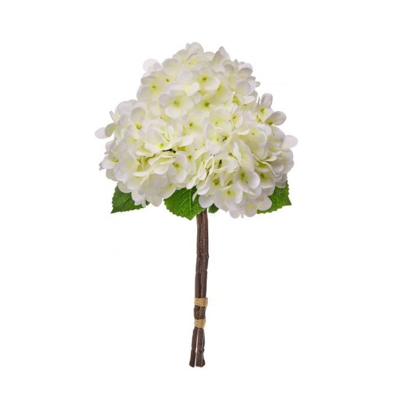 Three eighteen-inch artificial hydrangea stems with plastic wire bases and real-touch petals.