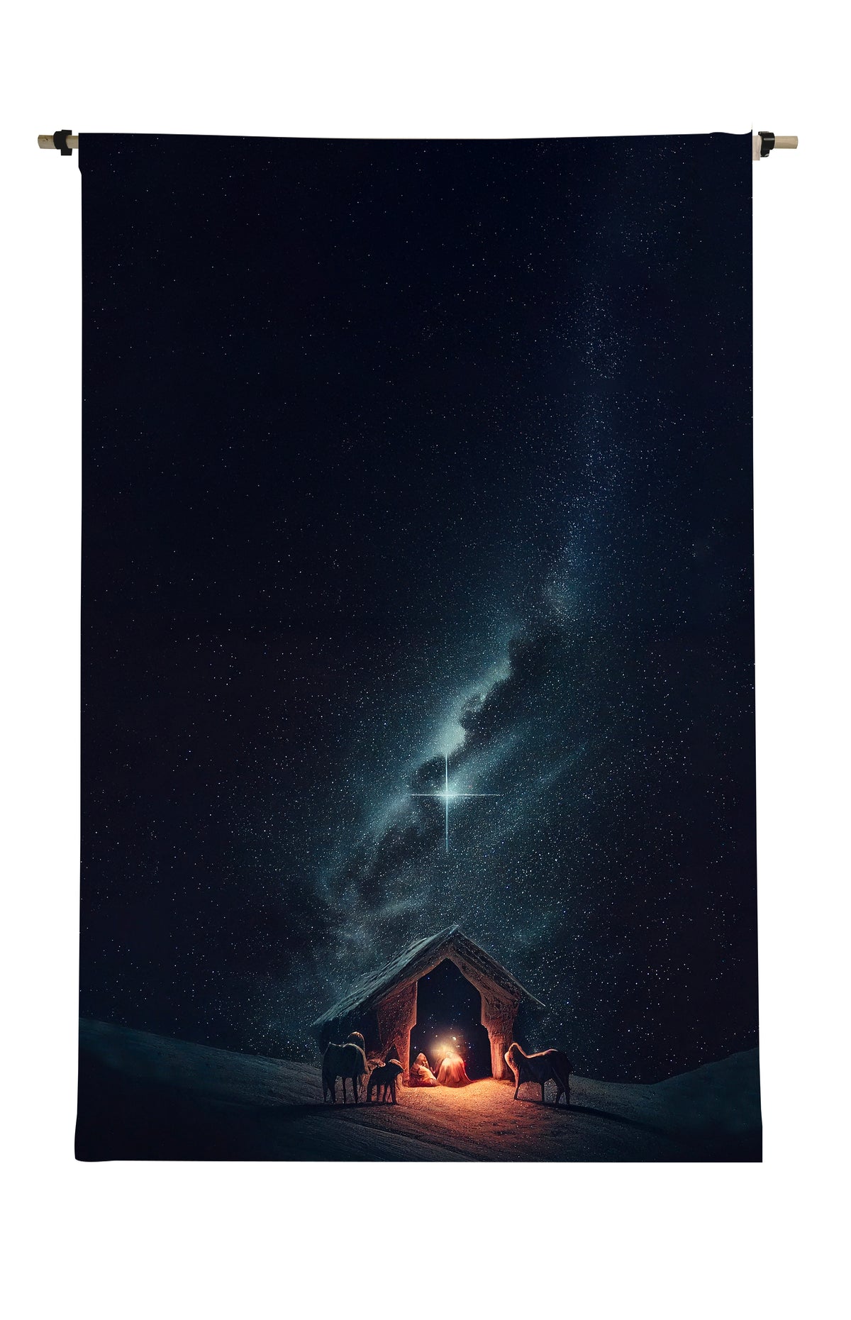 Large canvas scroll featuring a nativity scene under a bright star and the Milky Way galaxy.