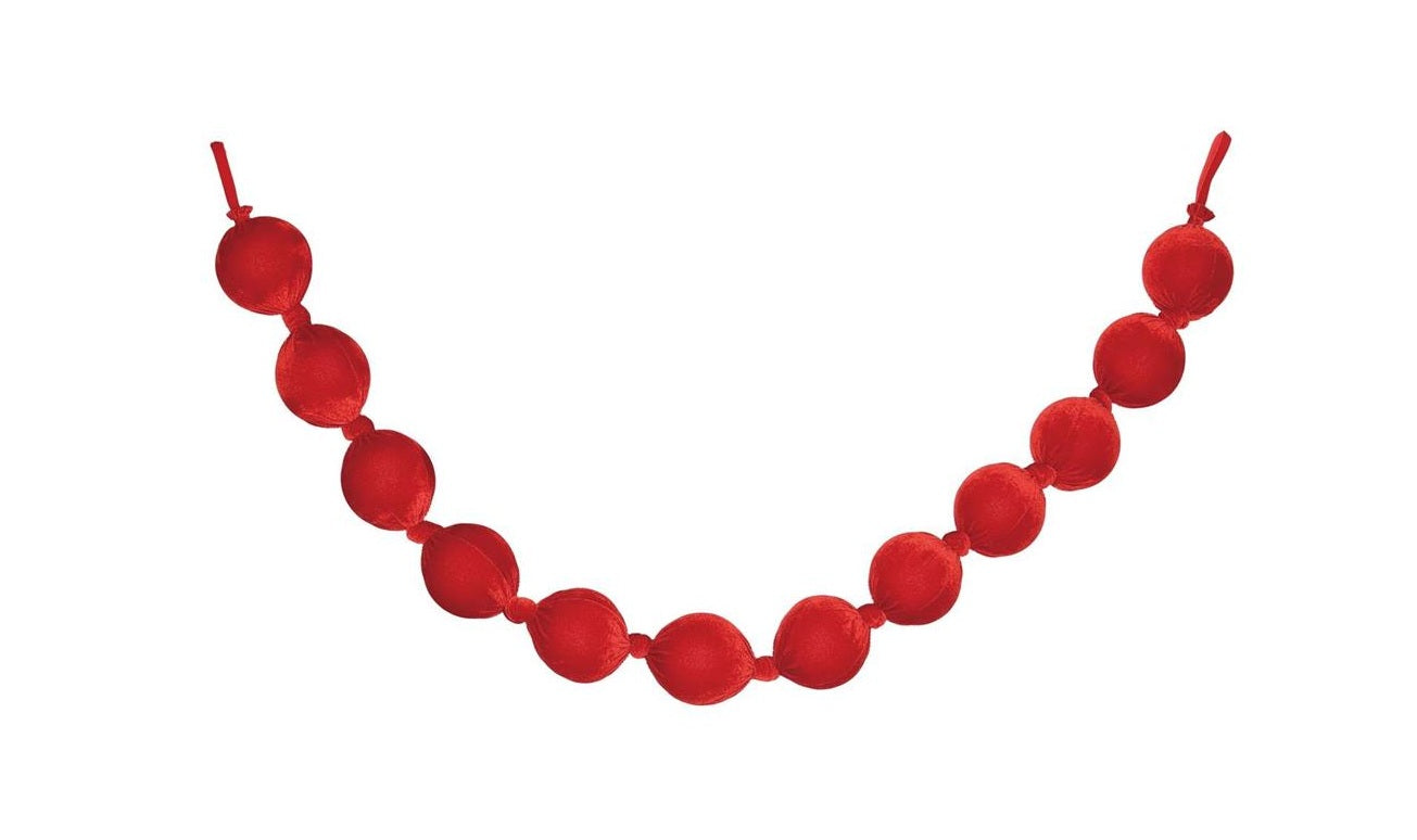 6-foot red velvet styrofoam ball garland with 100mm plush spheres on a string.
