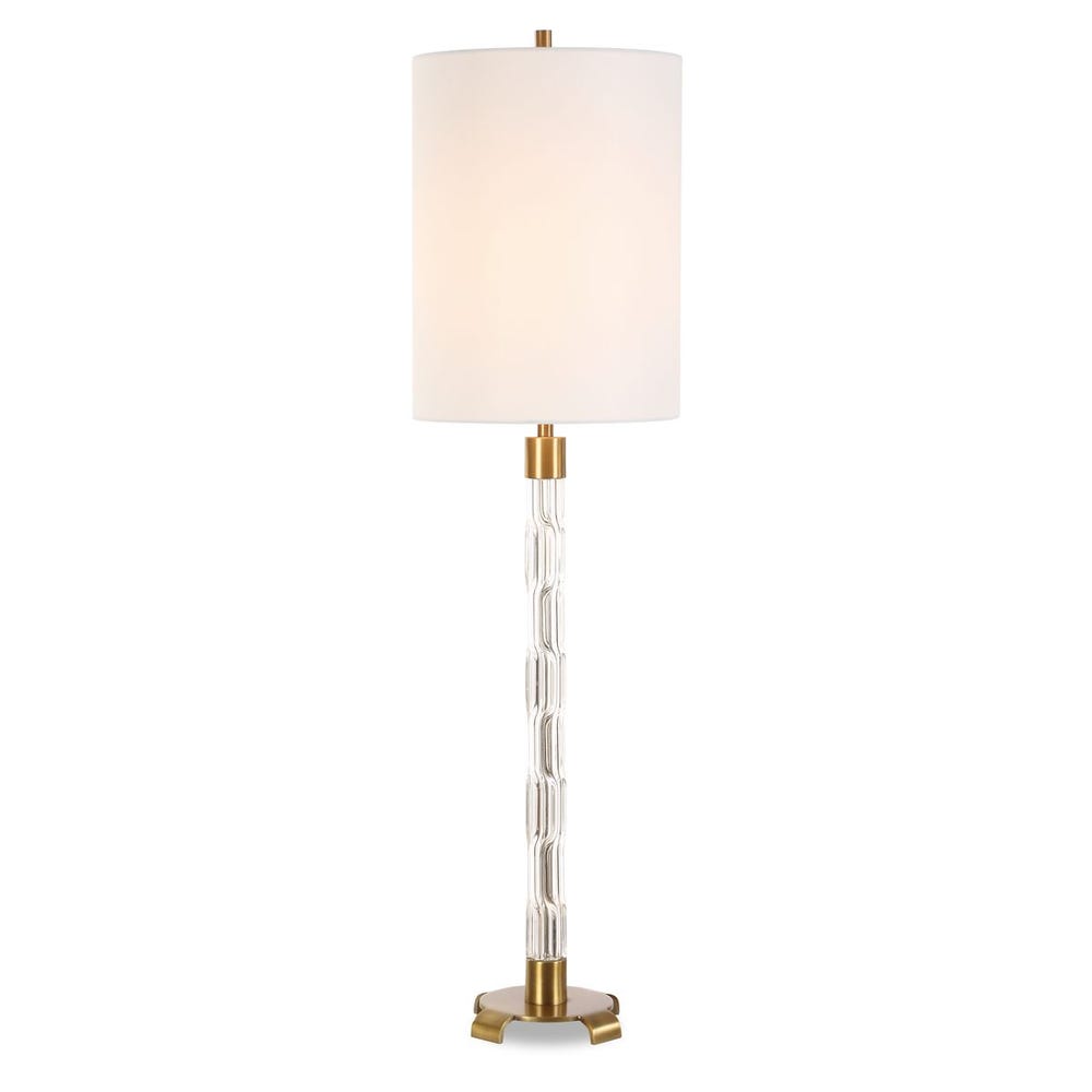 York Buffet Lamp with a classic drum shade in neutral fabric.