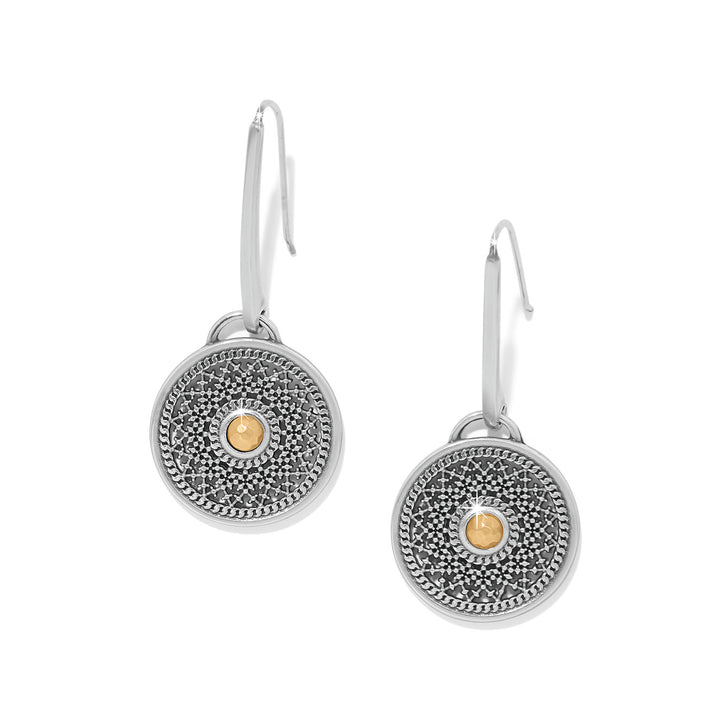 Silver-gold two-tone French wire earrings with a medallion drop silhouette.
