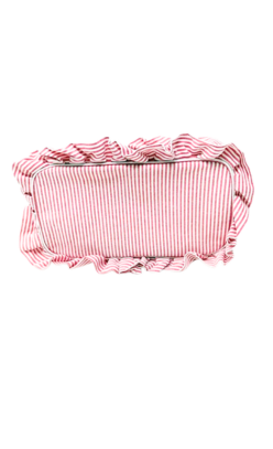 Top view of a red and white striped seersucker pouch with a ruffled trim and gold zipper.