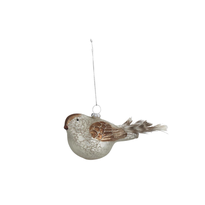 White mercury glass bird ornament with gold wing detail and a soft feather tail.