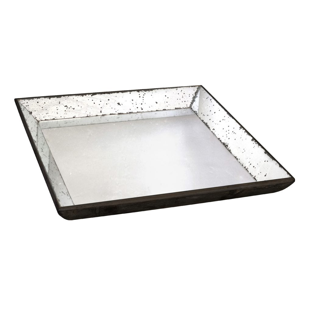 Large square mirrored tray with a silver reflective glass top on an MDF base.